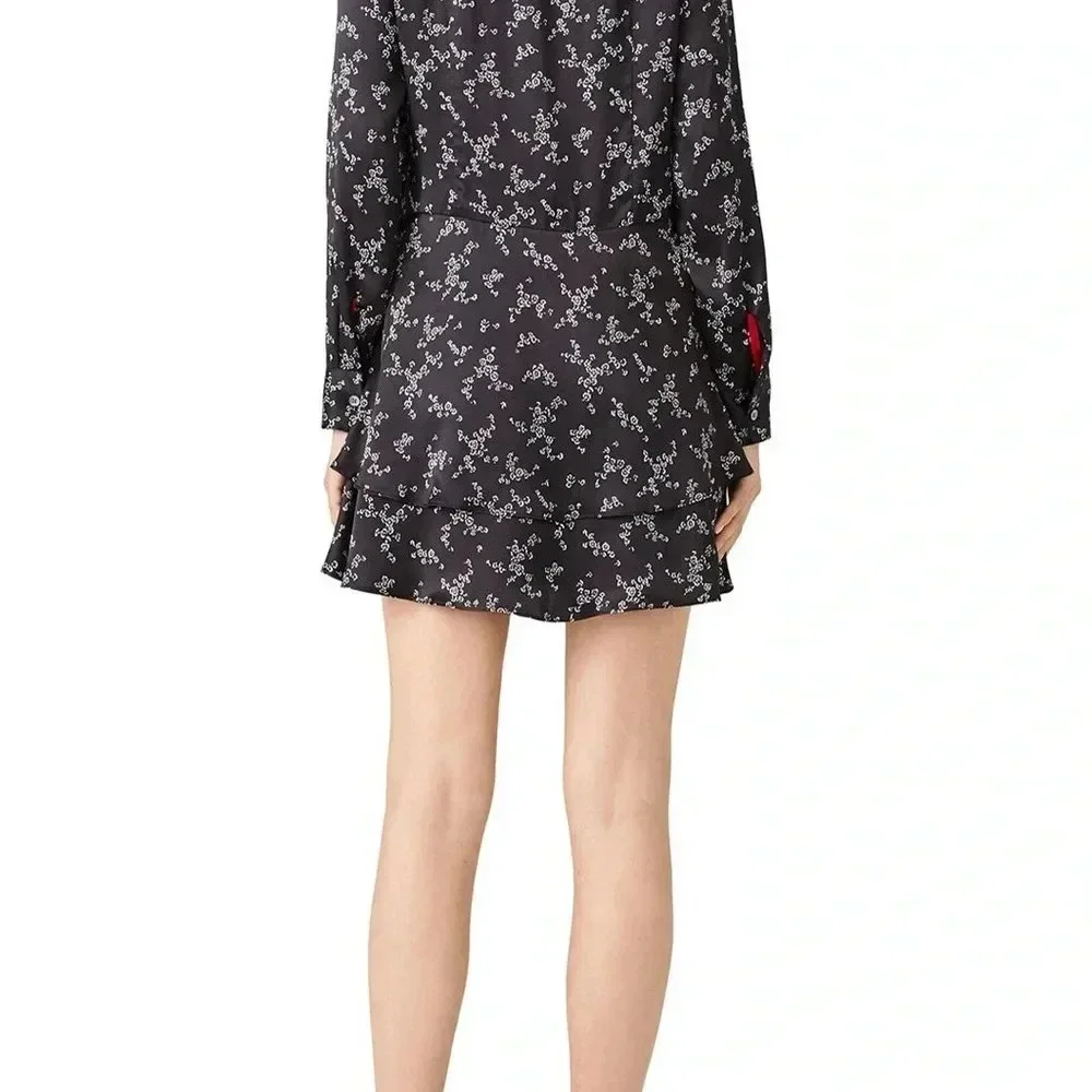 Equipment Natalia Tie Neck 100% Silk Black/White Floral Whimsical Tiered Dress - Picture 4 of 10